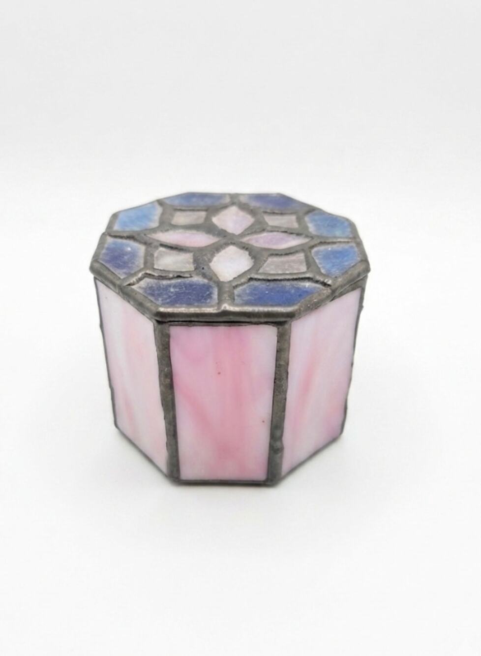 Stained Glass Jewelry Trinket Box Floral Purple Blue Iridescent Glass